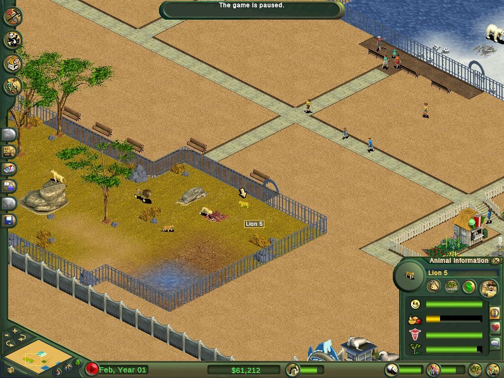 The original Zoo Tycoon: a lion exhibit with the Animal Information panel open for Lion 5.